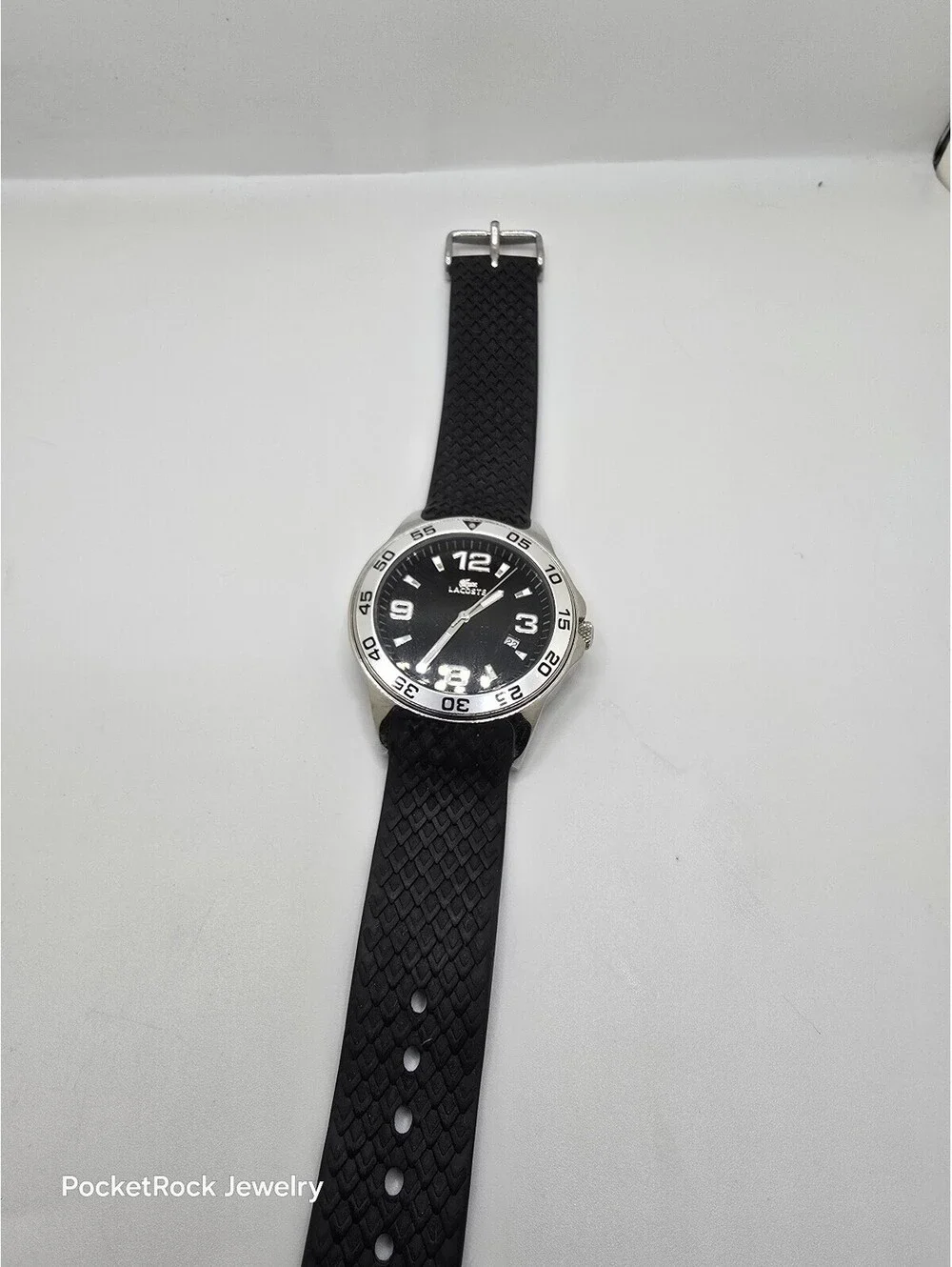 Lacoste 13000G Quartz Analog Date 40mm 50m SS Silver Case Black Dial Rubber